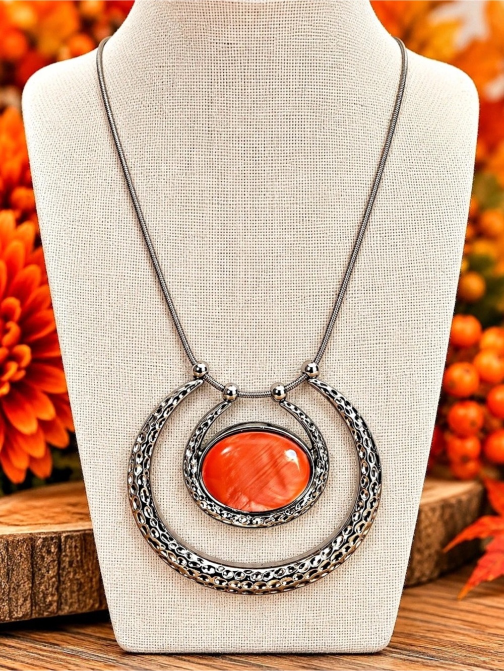 Layered Pendant Necklace in Orange & Silver 7
